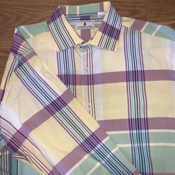 Southern Pines Men’s L Cotton Button Up Shirt Long Sleeve Yellow Purple Plaid - Picture 1 of 8